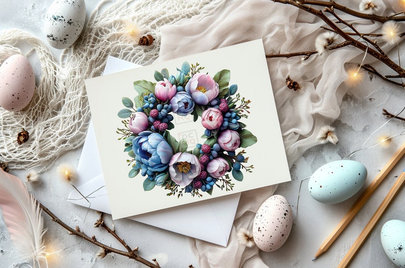 K&ouml;nnte beinhalten: Eine wei&szlig;e Karte mit einer Illustration eines Blumenkranzes. Der Kranz besteht aus rosa und blauen Blumen mit gr&uuml;nen Bl&auml;ttern und Beeren. Die Karte liegt auf einem wei&szlig;en Umschlag.