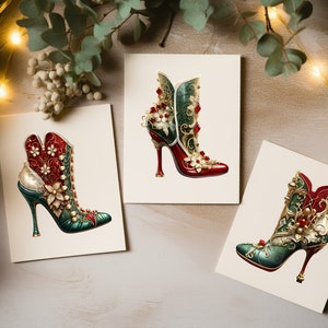 May include: Three illustrated cards featuring high-heeled shoes with intricate designs. The shoes are decorated with red, green, and gold embellishments.