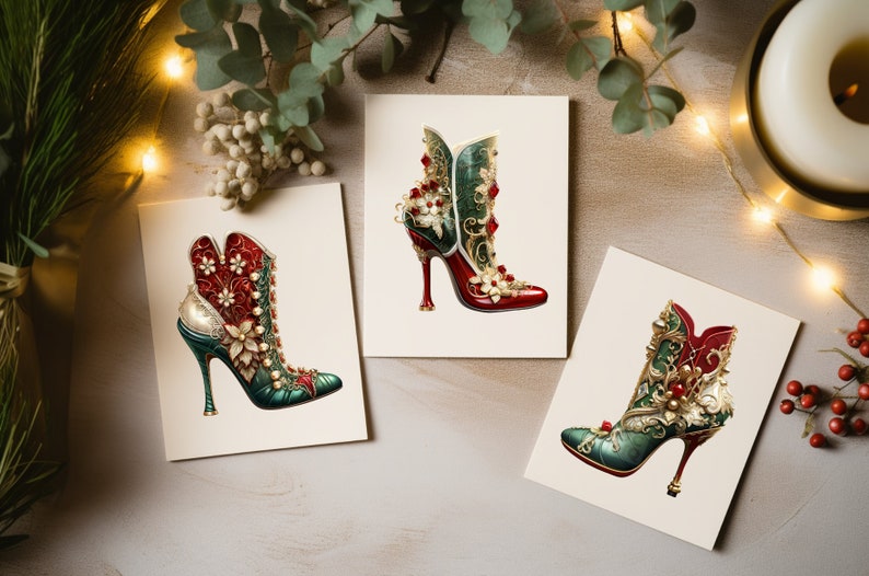May include: Three illustrated cards featuring high-heeled shoes with intricate designs. The shoes are decorated with red, green, and gold embellishments.