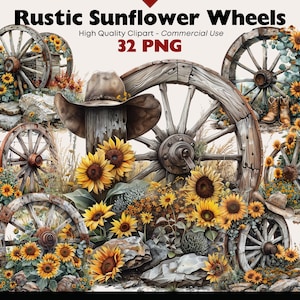 Rustikales Rad Clipart, Western Aquarell Clipart, Sonnenblumen Rad PNG, Rustikale Bauernhaus Sonnenblumen Png, Junk Journal, digitaler Download