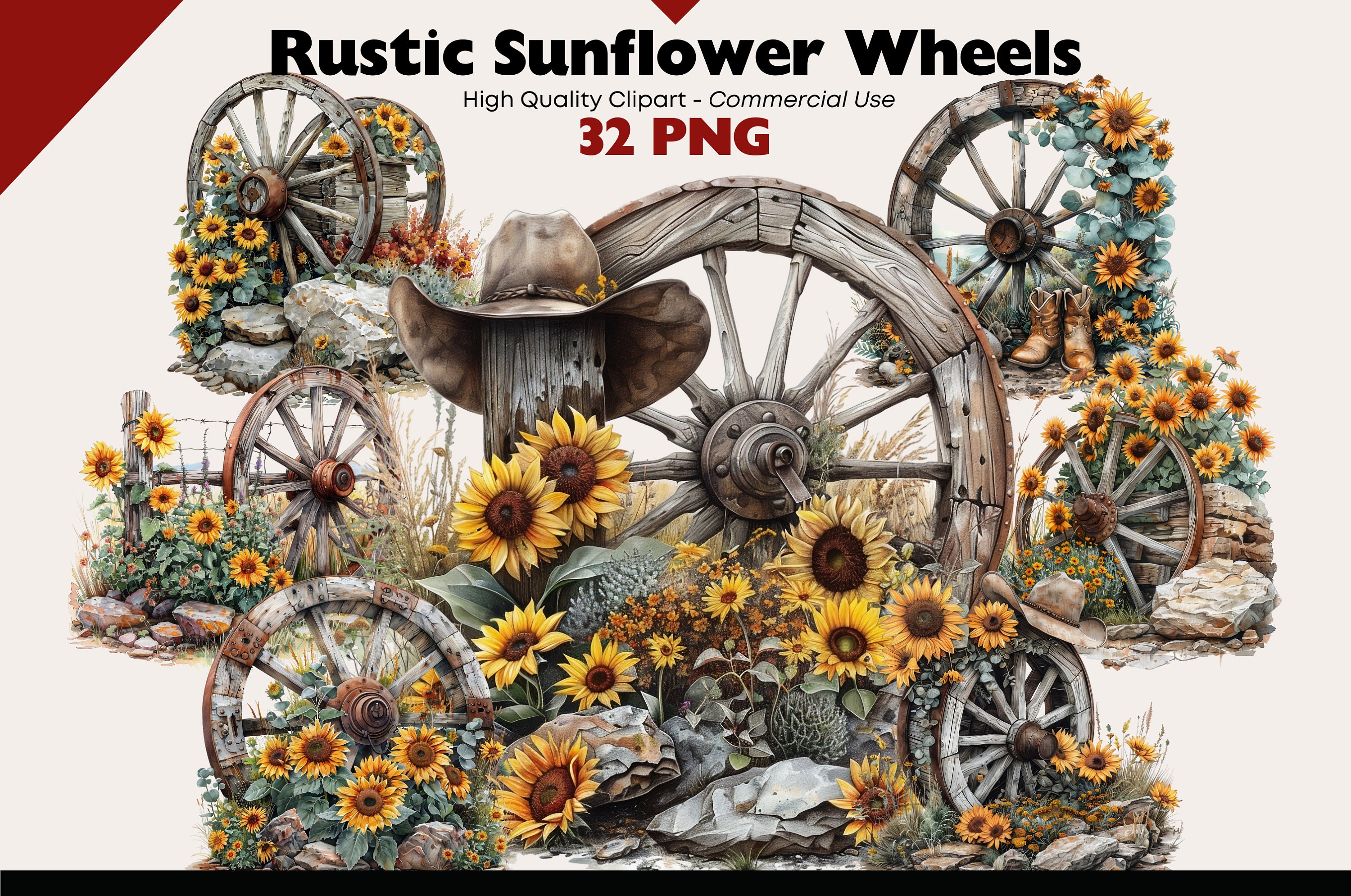 Rustic Wheel Clipart, Western Watercolor Clipart, Sunflower Wheel PNG, Rustic Farmhouse Sunflowers Png, Junk Journal, Digital Download