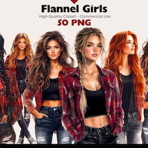 Puede incluir: Ilustración digital de seis mujeres con camisas de franela rojas y negras, tops negros y vaqueros azules. La imagen incluye el texto "Flannel Girls" y "50 PNG". Las mujeres tienen varios peinados y tonos de piel.