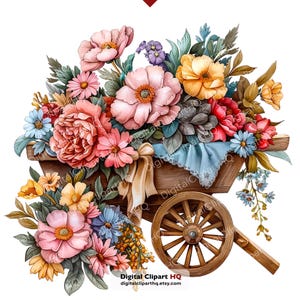 May include: Watercolor illustration of a wooden wheelbarrow overflowing with colorful flowers. The flowers include pink peonies, yellow blooms, and blue daisies. A blue cloth with lace trim and a cream-colored ribbon add detail.