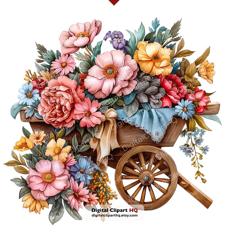 May include: Watercolor illustration of a wooden wheelbarrow overflowing with colorful flowers. The flowers include pink peonies, yellow blooms, and blue daisies. A blue cloth with lace trim and a cream-colored ribbon add detail.