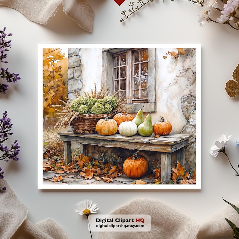 May include: A watercolor illustration of a rustic stone cottage exterior with a wooden bench holding a wicker basket of green hydrangeas, wheat, orange pumpkins, and green pears. Fallen autumn leaves surround the bench and a large pumpkin.