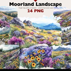 Pacote de clipart de Moorland, ilustrações em aquarela de paisagem natural, campo para impressão, campos de urze extravagantes, download digital PNG
