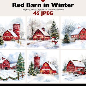 45 Winter Red Barn Scenery JPEG Graphics Commercial Use Snowy Countryside Digital Download Watercolor Paper Crafts Junk Journal Scrapbooking