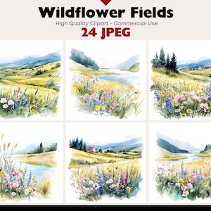 Wildflower Landscape JPEG Clipart Commercial Use Wildflowers Graphics Digital Download Watercolor Paper Crafts Junk Journal Scrapbooking