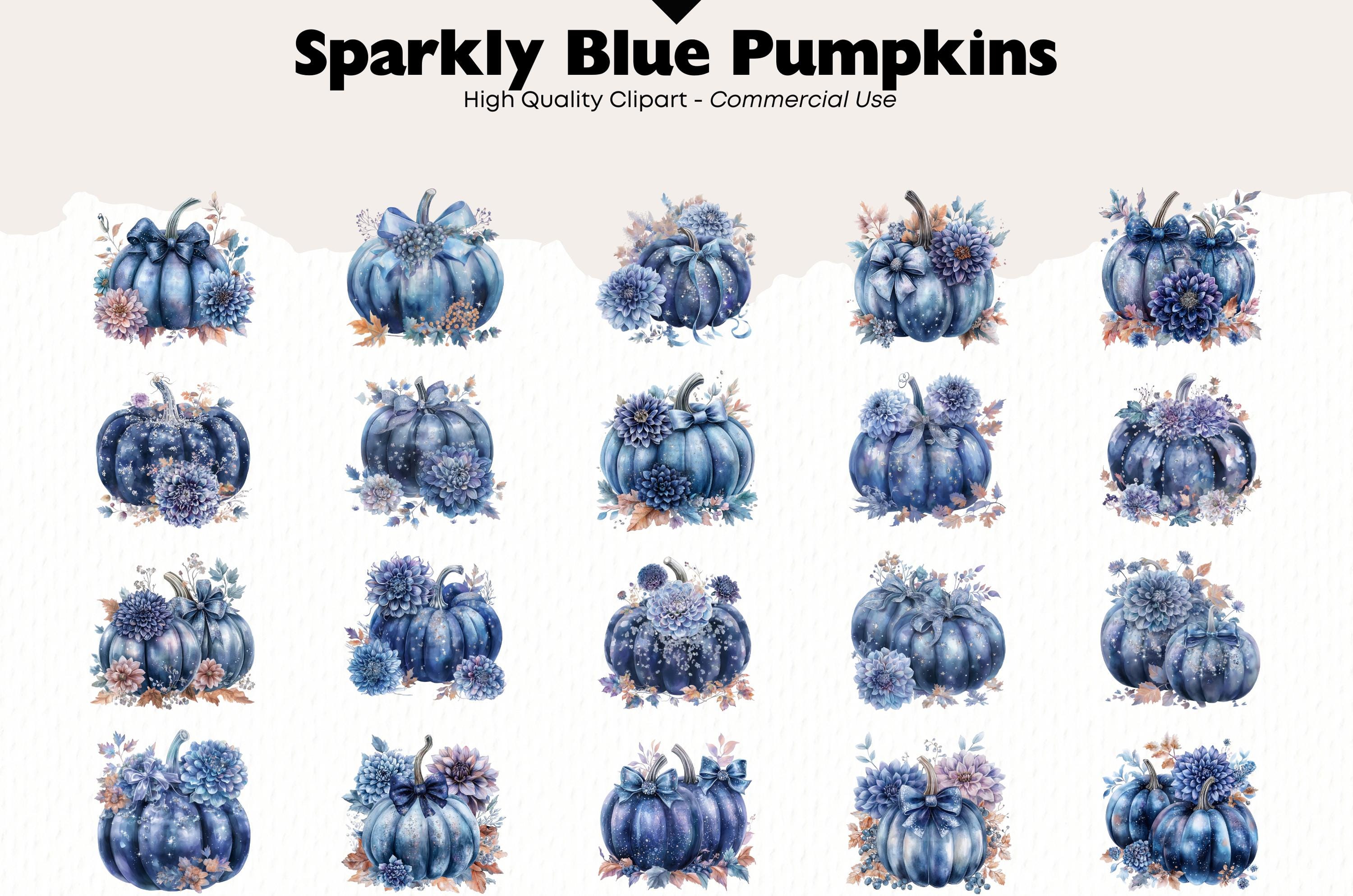 Sparkly Blue Pumpkins Clipart Bundle Autumn Watercolor Png Pumpkin and ...