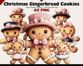 40 Gingerbread Cookie Clipart Bundle Christmas Girl PNG Watercolor Holiday Digital Download Yuletide Graphics Cute Christmas Scrapbooking