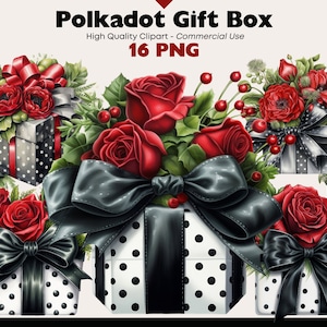 Polkadot Gift Box Clipart, Christmas Present Watercolor, Christmas Package Graphics, Invitation Graphics, Yuletide Present Clip Art
