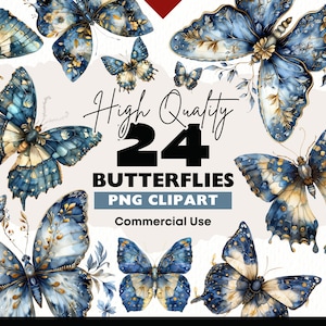 Vintage Schmetterlinge Clipart Bundle, Fantasy Schmetterling PNG, Blauer Schmetterling Aquarell, Schmetterlinge Digital Download, Papiermodelle