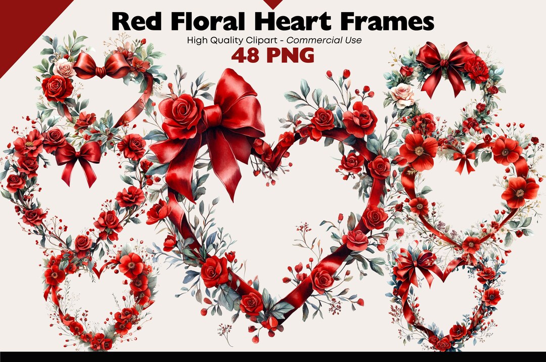 Red Floral Heart Frames Clipart PNG JPEG, Valentine’s Day Floral Hearts ...