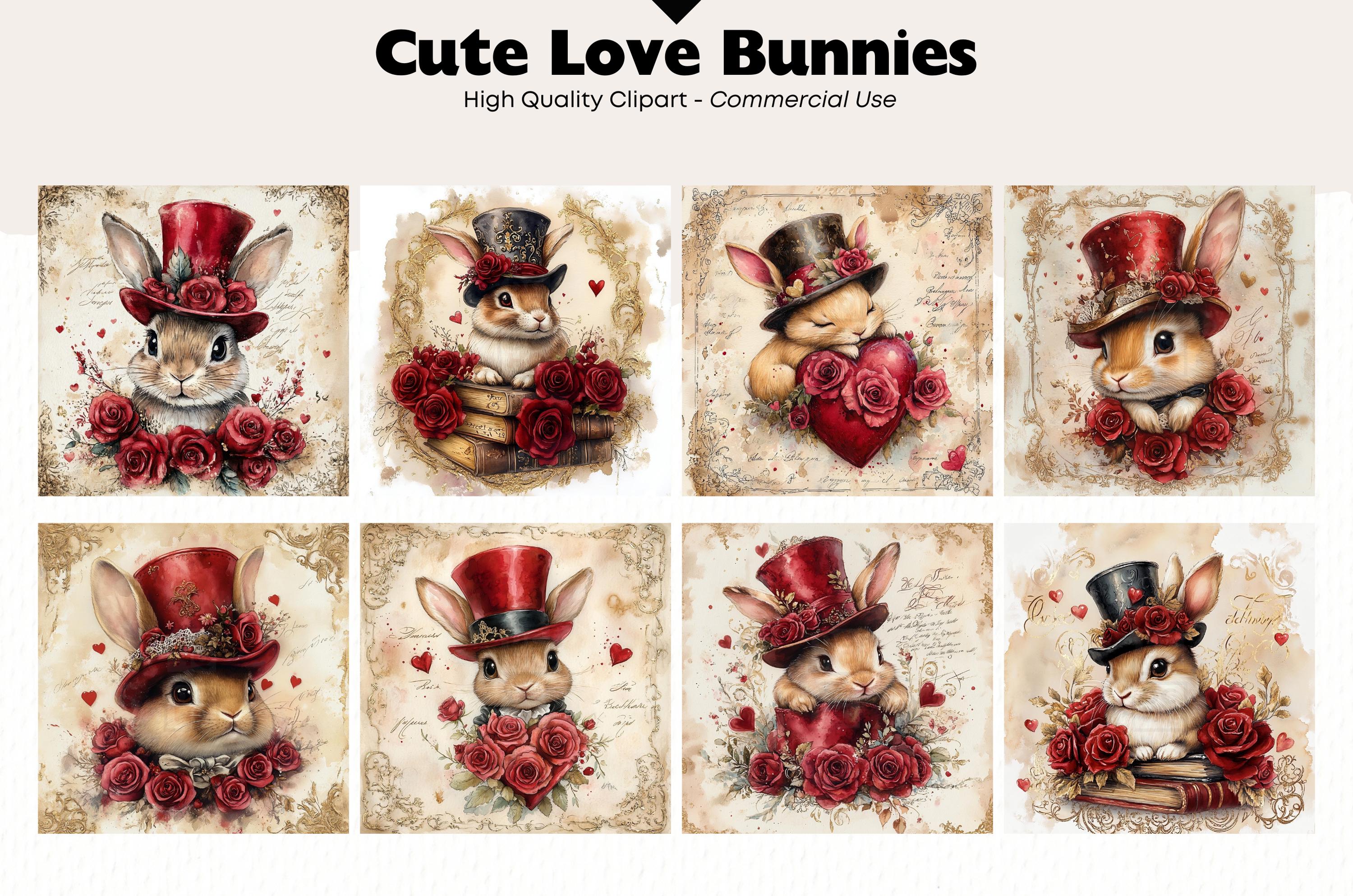 Jpg Inlove Vintage Love Bunny JPEG Clipart Bundle Romantic Rabbit Digital Download ...