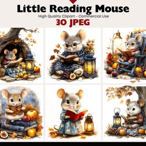 May include: A collection of watercolor illustrations featuring a mouse reading books. The mouse is depicted in various settings with autumn elements like apples, grapes, and lanterns. Text at the top reads "Little Reading Mouse".