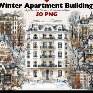 Könnte beinhalten: Eine digitale Illustration von 50 Winter-Wohnhäusern. Die Gebäude sind in Aquarell-Stil mit Schnee auf den Dächern und Bäumen dargestellt. Die Gebäude sind alle unterschiedlich groß und geformt, und einige haben Balkone und Fenster. Die Illustration ist vor einem weißen Hintergrund platziert.