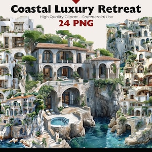 Coastal Luxury Retreat clipartbundel, European Seaside Apartments png, aquarel Cliffside Home-graphics, digitale download, Paper Crafts