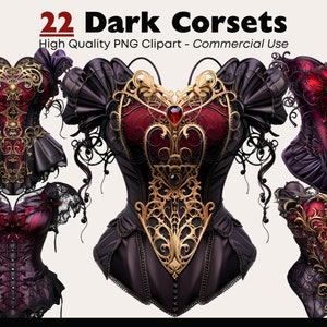May include: A set of 22 digital clipart images of dark corsets with intricate gold detailing and red accents. The corsets are in various styles and designs, with some featuring lace and others with a more gothic aesthetic.
