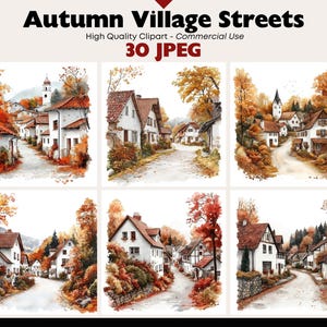 Pacote de clipart de casas de outono Campo Download digital JPEG Vila Aquarela Gráficos Cenário de rua antigo Uso comercial Paisagens de outono