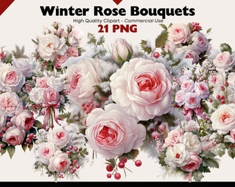 Winter Rose Bouquet Clipart Bundle, White and Pink Flower Arrangement, Christmas Flowers PNG, DIY Christmas, Floral Graphics, Pink Rose