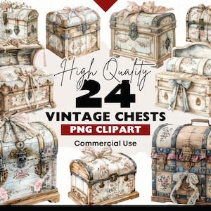 Pacote de clipart de baú vintage, gráficos PNG de baú de tesouro para artesanato em papel e scrapbooking, download digital em aquarela de baú antigo
