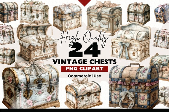 Vintage Chest Clipart Bundle, Treasure Chest PNG Graphics for Paper Crafts and Scrapbooking, Antique Trunk Watercolor Digital Download