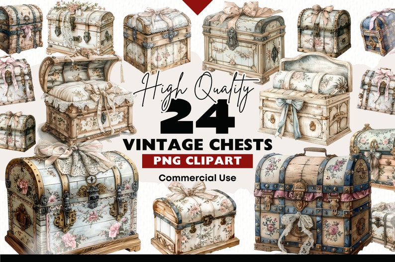 May include: A set of 24 vintage-style chests in various sizes and designs. The chests are painted in a variety of colors, including white, blue, and brown, and feature floral patterns and lace accents.  The text "High Quality 24 Vintage Chests PNG Clipart Commercial Use" is displayed on the image.