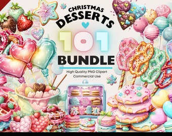 Op de afbeelding: Een verzameling van 101 kerstdessert-clipart afbeeldingen. De afbeeldingen tonen een verscheidenheid aan zoete lekkernijen, waaronder koekjes, donuts, snoepstokken en macarons. De clipart is perfect voor het maken van feestelijke ontwerpen voor kaarten, uitnodigingen en andere projecten.