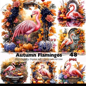 Watercolor Autumn Flamingo JPEG Clipart Bundle Floral Pumpkin Sunflower Bird Fantasy Instant Download Paper Crafts Junk Journal Scrapbooking