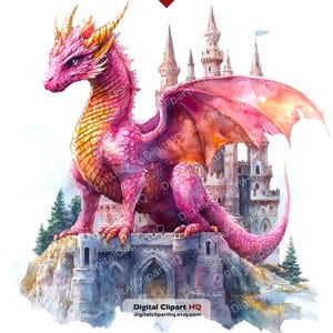 May include: Watercolor illustration of a pink dragon with gold accents, perched atop a stone castle. The dragon has large wings and is set against a backdrop of a castle with multiple towers. The image includes the text "Digital Clipart HQ" and the Etsy shop URL.