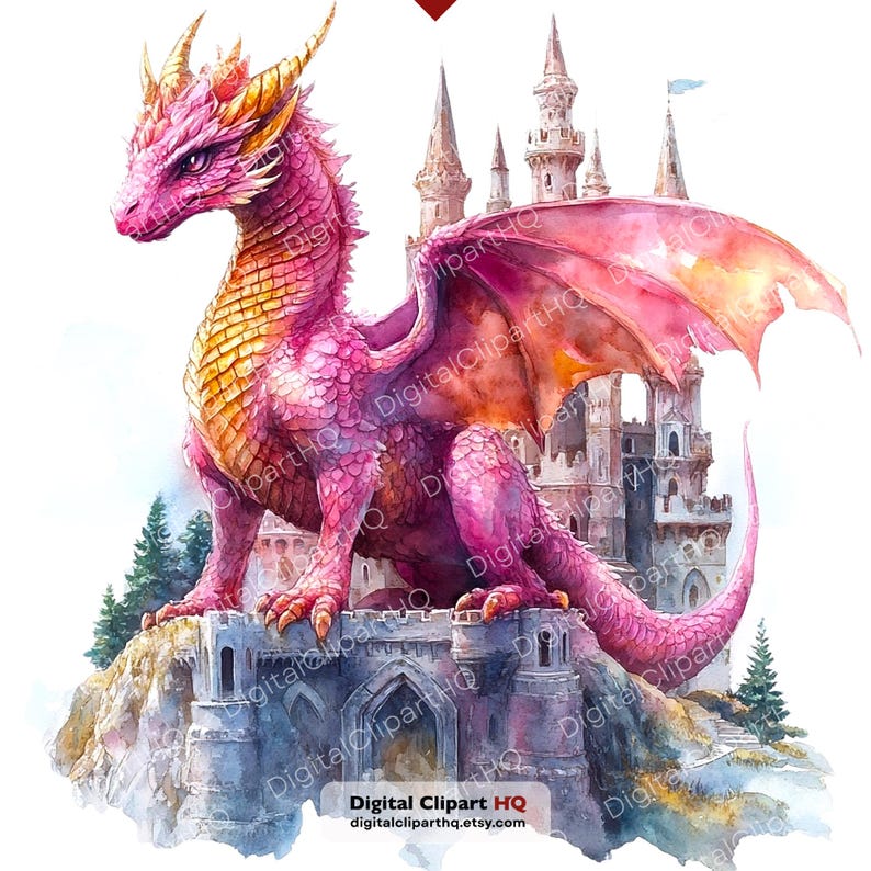 May include: Watercolor illustration of a pink dragon with gold accents, perched atop a stone castle. The dragon has large wings and is set against a backdrop of a castle with multiple towers. The image includes the text "Digital Clipart HQ" and the Etsy shop URL.