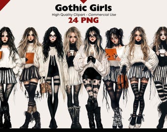 24 Gothic Girls Clipart Bundle Watercolor Mystery Girl PNG Goth Planner Graphics Cozy Weather Png Digital Download Haunted  Mansion Clip Art