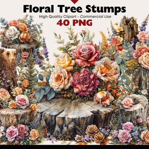 Pacchetto di clipart di ceppi di alberi floreali Decorazione autunnale Acquerello Bosco Download digitale Grafica di tronchi di alberi autunnali floreali Bellissima foresta Png