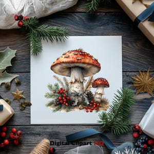 May include: A watercolour illustration of two red and white mushrooms with white stems and red spots. The mushrooms are surrounded by green pine branches, red berries, and a pine cone. The illustration is on a white background.