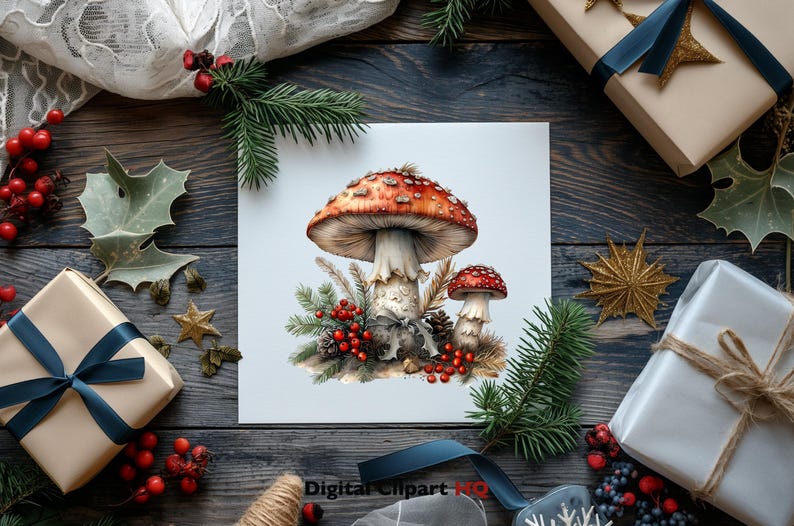 May include: A watercolour illustration of two red and white mushrooms with white stems and red spots. The mushrooms are surrounded by green pine branches, red berries, and a pine cone. The illustration is on a white background.