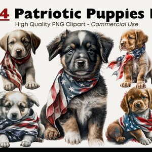 愛国的な子犬のクリップアート、水彩画の 7 月 4 日の犬のクリップアート、メモリアル デーの子犬の PNG グラフィックス、スカーフを巻いたアメリカ国旗の子犬のイラスト