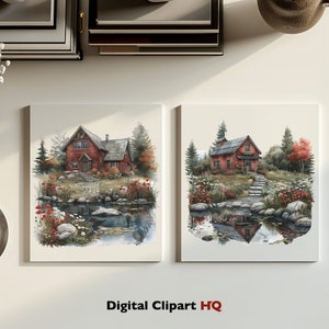 May include: Two framed watercolor prints depict a red house by a pond with a stone path and colorful flowers. The prints are on a white surface with a cup of coffee and decorative items. The text "Digital Clipart HQ" is at the bottom.