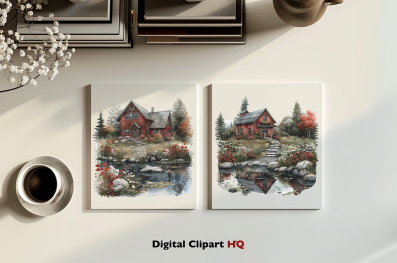 May include: Two framed watercolor prints depict a red house by a pond with a stone path and colorful flowers. The prints are on a white surface with a cup of coffee and decorative items. The text "Digital Clipart HQ" is at the bottom.