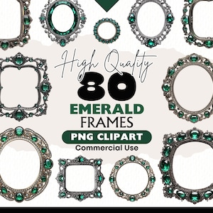 Könnte beinhalten: Ein Set mit 80 smaragdgrünen Rahmen mit verzierten silbernen Designs. Die Rahmen sind in verschiedenen Formen und Größen, darunter quadratisch, rund und oval. Der Text "High Quality 80 Emerald Frames PNG Clipart Commercial Use" wird in der Mitte des Bildes angezeigt.