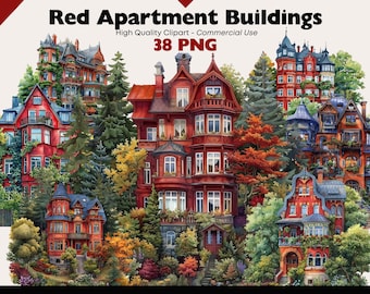 Red Victorian Apartment House Clipart Bundle Vintage Townhouse Watercolor Building Printable Paper Crafts Classic House PNG Digital Download