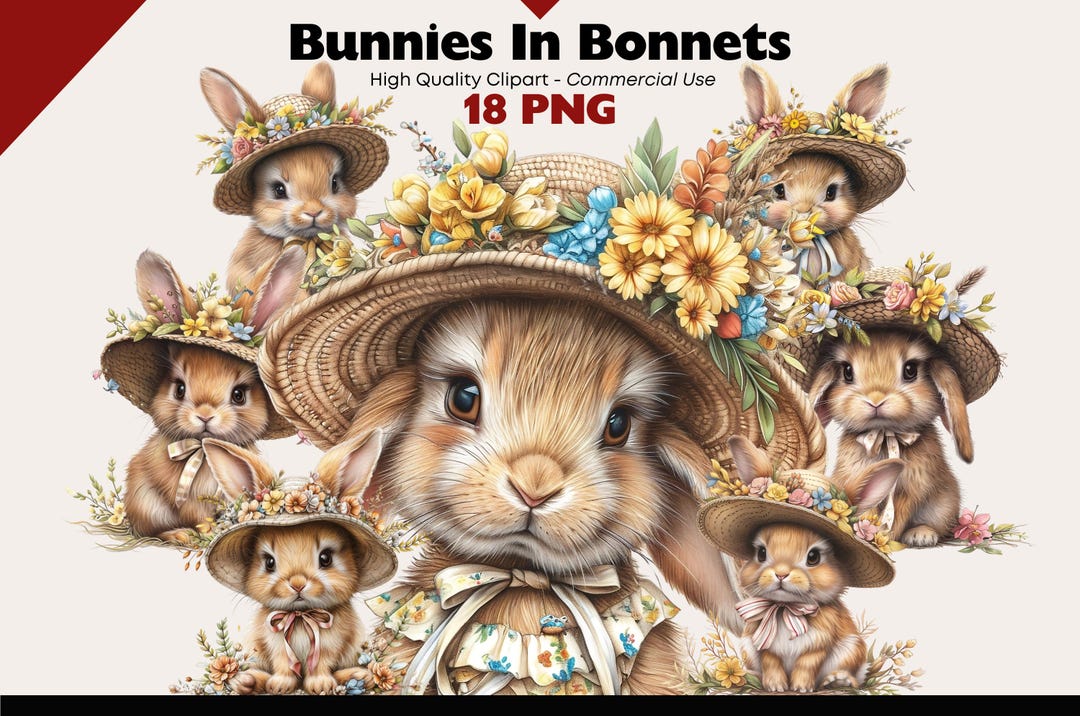 Floral Easter Bunny Clipart Set, 18 PNG Spring Rabbit in Bonnet ...