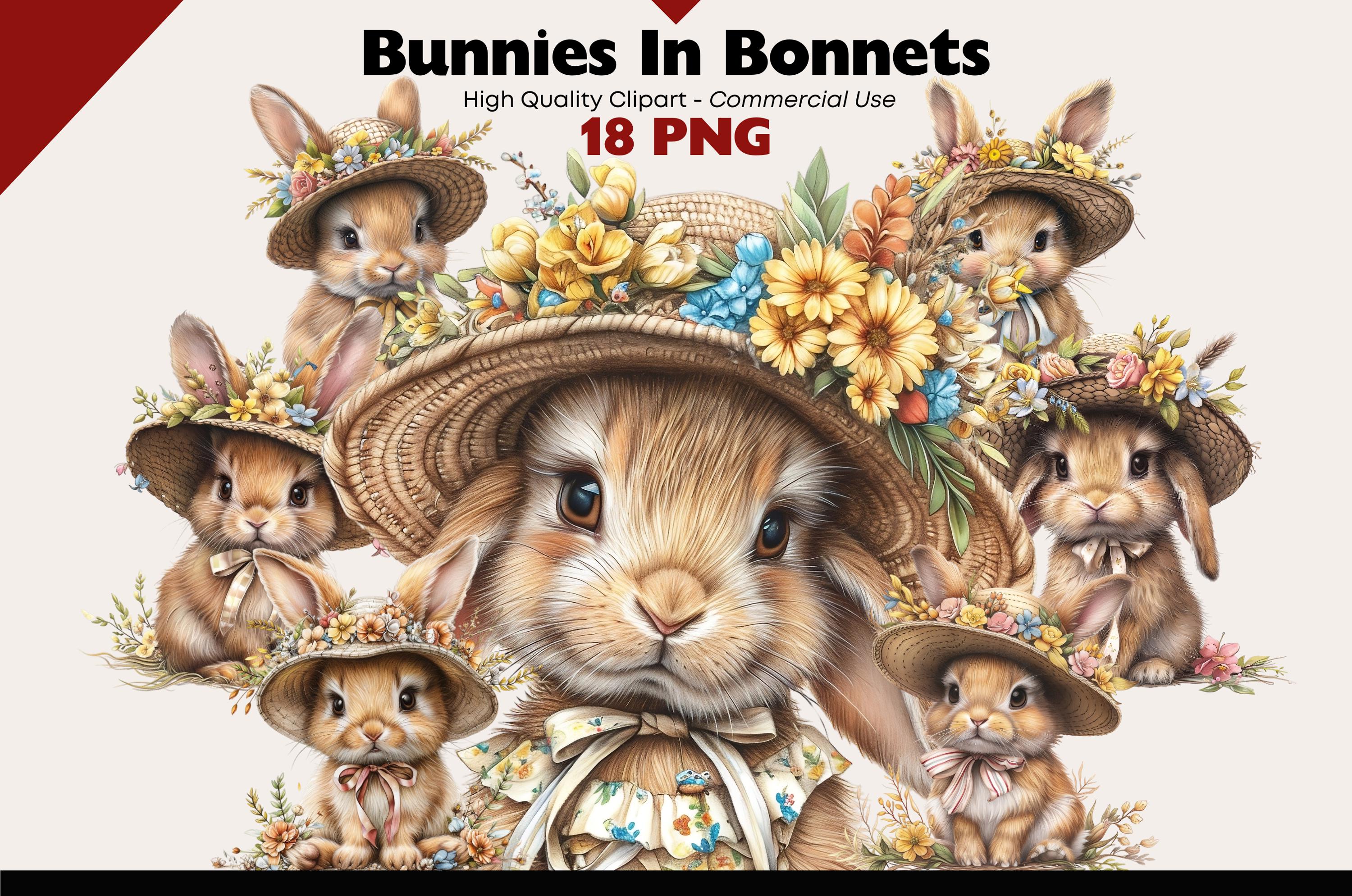 Floral Easter Bunny Clipart Set, 18 PNG Spring Rabbit in Bonnet ...