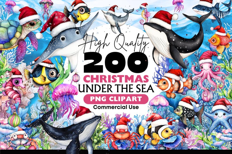 Christmas Under the Sea Clipart Bundle Cute Ocean Animals Png Digital ...