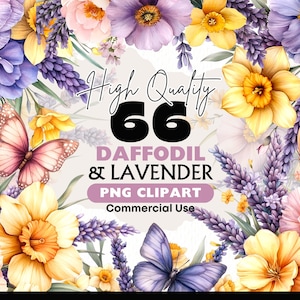 Påsklilja och lavendel Clipart PNG JPEG, vårblommor och botaniska element, gula lila blommor, scrapbooking direktnedladdning pappershantverk