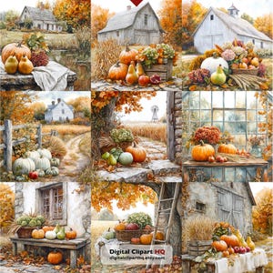 May include: A collection of nine watercolor-style illustrations depicting autumn harvest scenes with pumpkins, gourds, pears, and rustic farm buildings. The images feature warm orange, yellow, and brown foliage, wooden crates, stone walls, and white barns set against rural landscapes.
