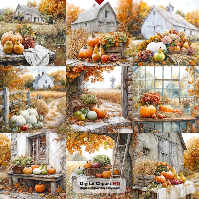 May include: A collection of nine watercolor-style illustrations depicting autumn harvest scenes with pumpkins, gourds, pears, and rustic farm buildings. The images feature warm orange, yellow, and brown foliage, wooden crates, stone walls, and white barns set against rural landscapes.