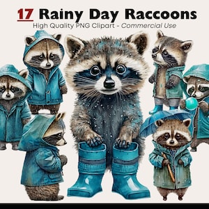 Rainy Raccoon Clipart Bundle, Blue Raincoat Raccoon Watercolor Clipart, Rainy Day PNG Digital Stickers, Baby Raccoon Digital Download