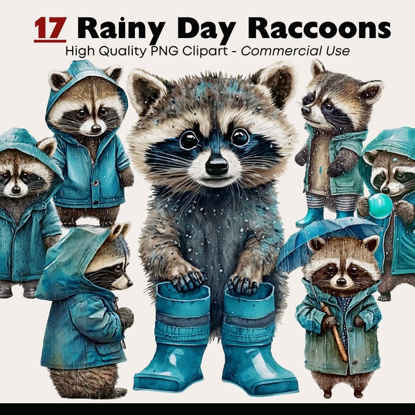 Rainy Raccoon Clipart Bundle, Blue Raincoat Raccoon Watercolor Clipart, Rainy Day PNG Digital Stickers, Baby Raccoon Digital Download