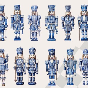 May include: A collection of twelve blue and white nutcracker figurines. Each figurine is dressed in a different style of military uniform with intricate details and gold accents. The nutcrackers are standing on a checkered background.