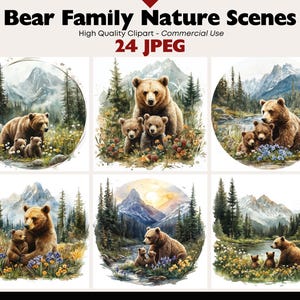 Bear Family Clipart Bundle Nature Scenes Art Woodland Animals Digital Download Whimsical Forest Spring JPEG Wildlife Graphics Commercial Use